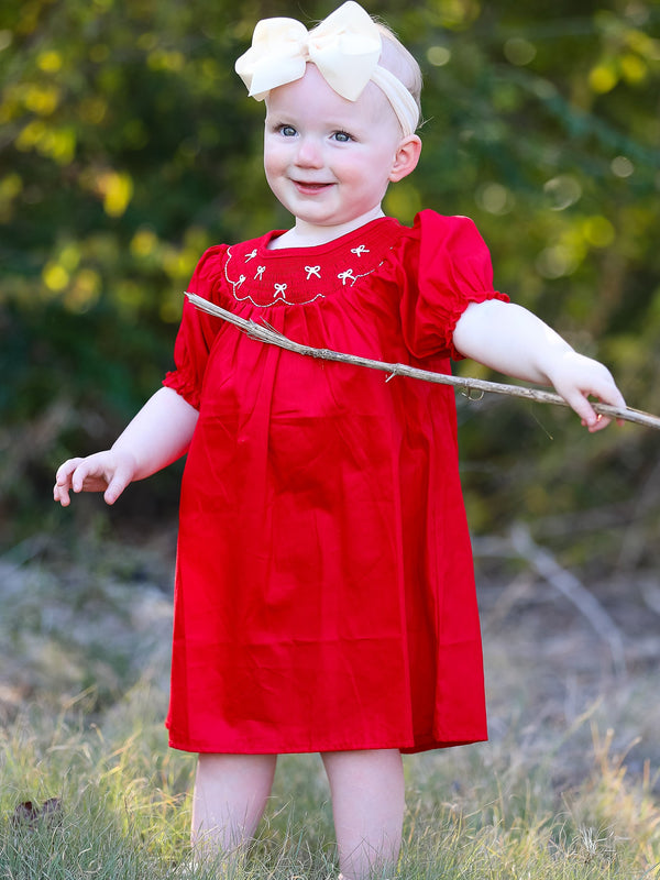 girls-bow-smocking-embroidered-red-dress Rylee Faith Designs - Sophia's StyleDress-1