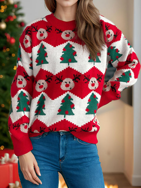 Christmas Trees Round Neck Long Sleeve Sweater