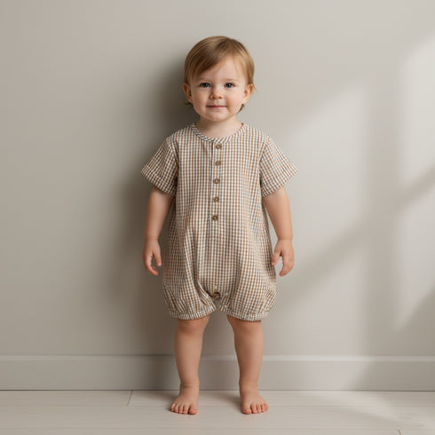 organic-short-bubble-romper-caramel-check-makemake-organics-sophias-styleShort Bubble Romper-1