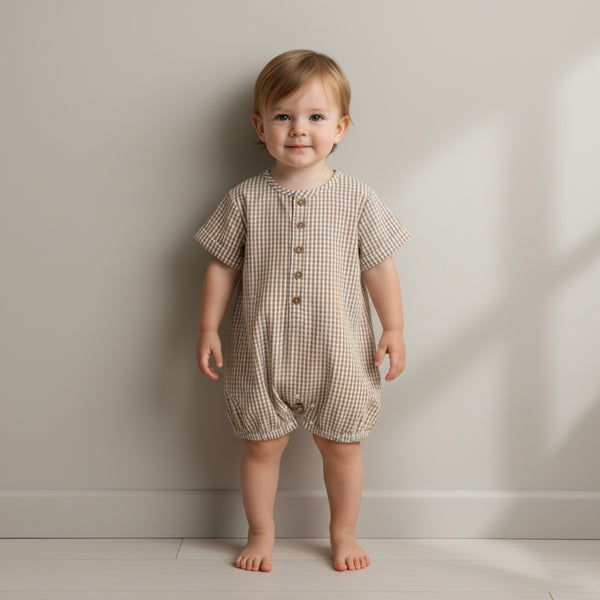 organic-short-bubble-romper-caramel-check-makemake-organics-sophias-styleShort Bubble Romper-1