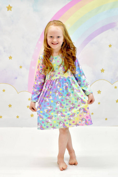 sparkle-like-a-unicorn-long-sleeve-milk-silk-dress Great Lakes kids - Sophia's StyleLong Sleeve Dress-1