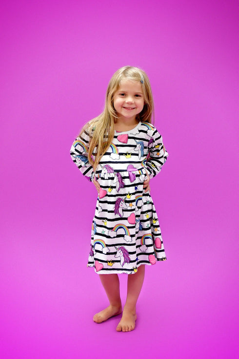 unicorns-and-rainbows-striped-long-sleeve-milk-silk-dress Great Lakes kids - Sophia's StyleLong Sleeve Dress-1