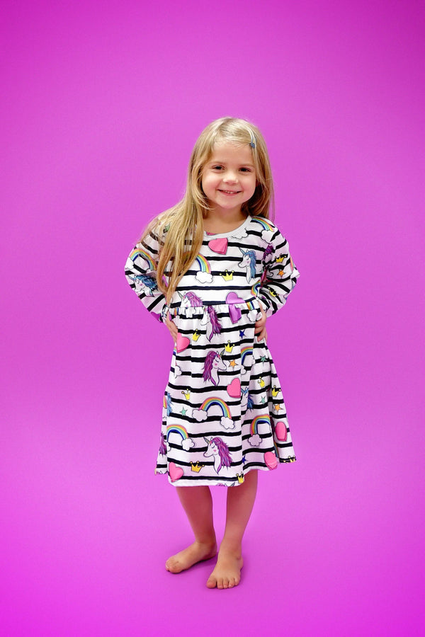 unicorns-and-rainbows-striped-long-sleeve-milk-silk-dress Great Lakes kids - Sophia's StyleLong Sleeve Dress-1