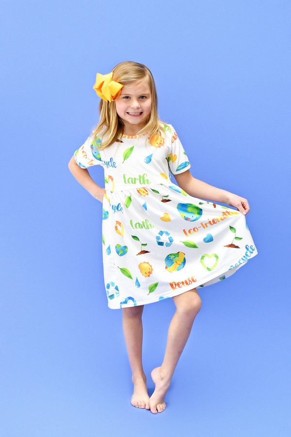 earth-day-short-sleeve-milk-silk-dress Great Lakes kids - Sophia's StyleShort Sleeve Dress-1
