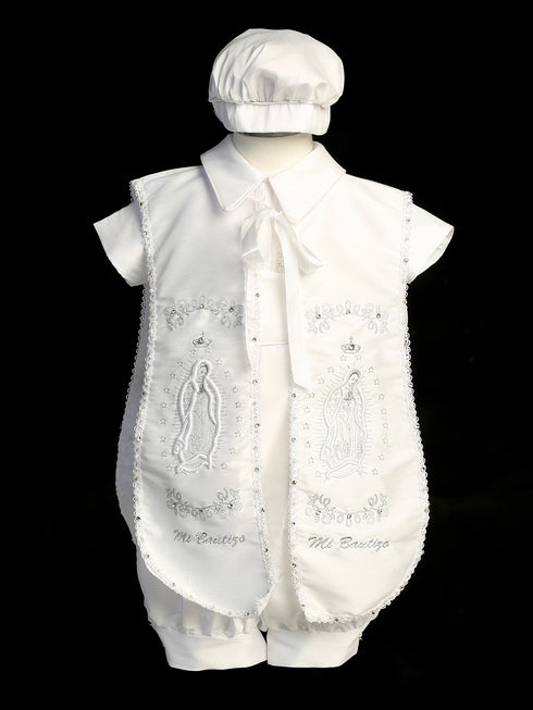 Boys White Ropon with Maria Embroidery - Baptism Outfit, Newborn-3