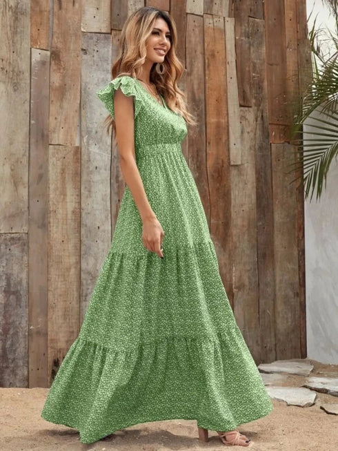 printed-v-neck-ruffled-cap-sleeve-maxi-dress OhSoStyled - Sophia's Style in Green-17