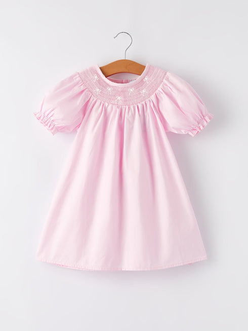 white-bow-smock-embroidered-pink-dress-Sophia's Style-Dress-1