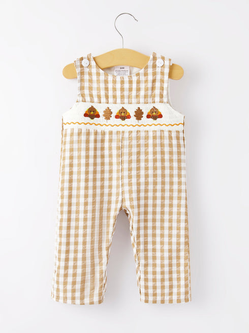 boys-thanksgiving-smocking-embroidered-brown-plaid-romper Rylee Faith Designs - Sophia's StyleRomper-1