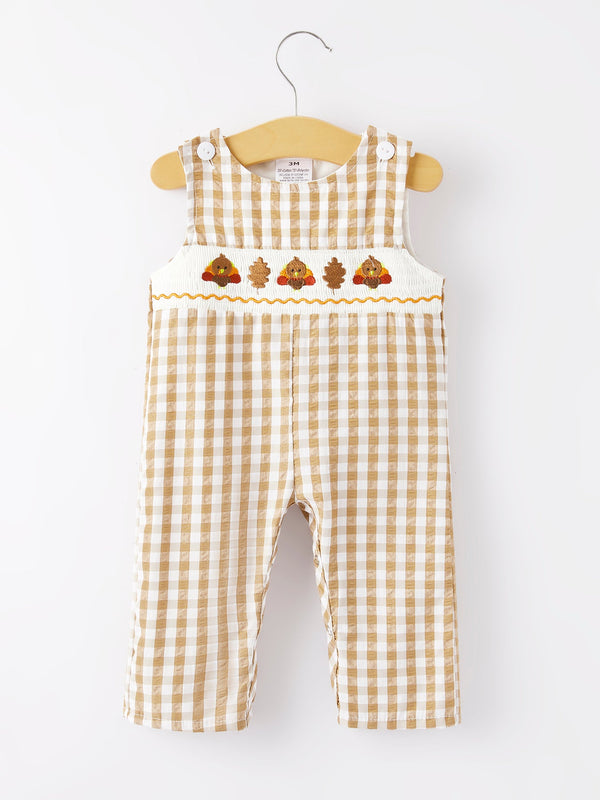 boys-thanksgiving-smocking-embroidered-brown-plaid-romper Rylee Faith Designs - Sophia's StyleRomper-1