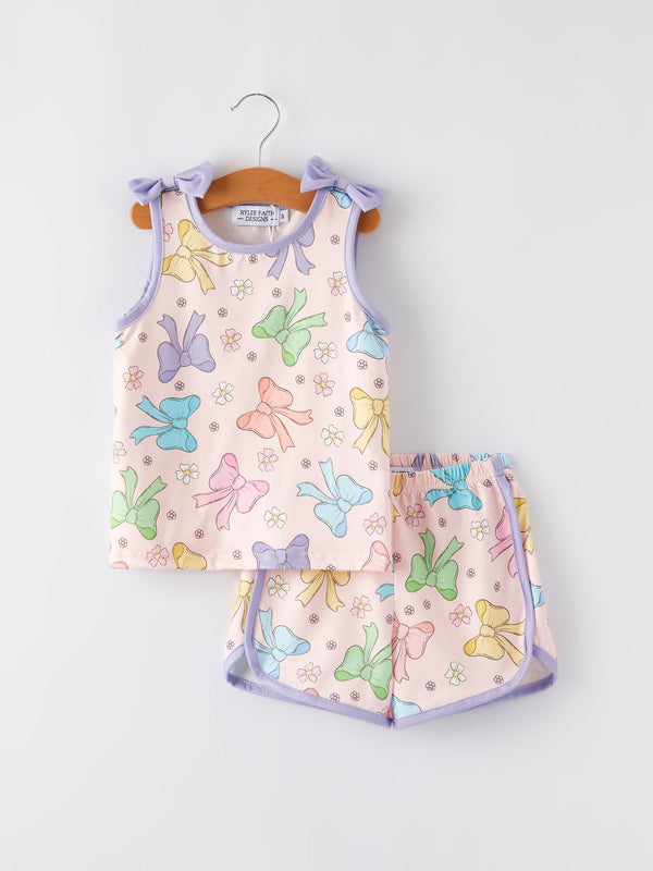 girls-purple-bow-sleeveless-vest-top-and-shorts-set Rylee Faith Designs - Sophia's StyleOutfit-1