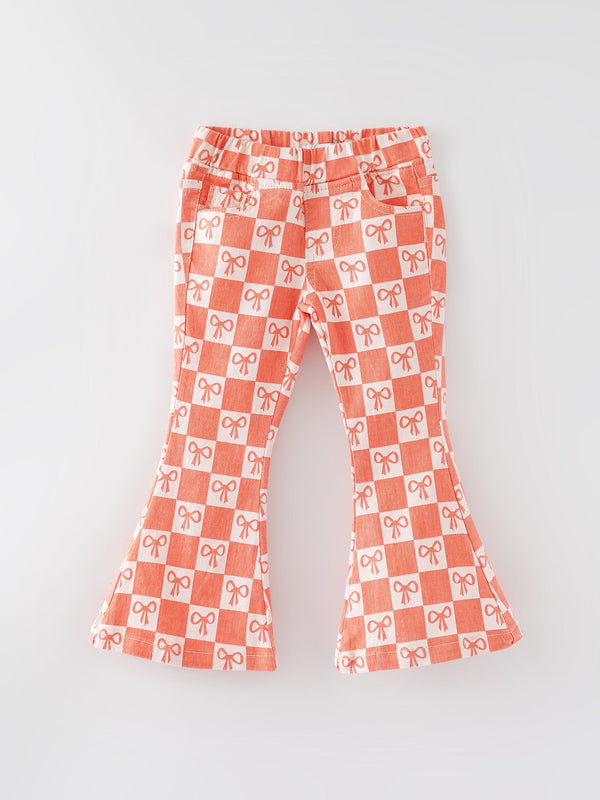 girls-orange-bow-print-plaid-flared-jeans Rylee Faith Designs - Sophia's StyleJeans-1