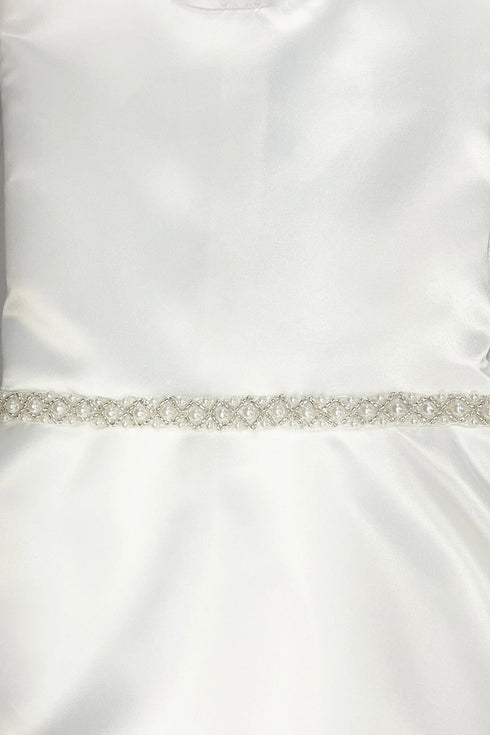 Big Girls White A-Line Satin Pearl Trim Communion Dress 8-16