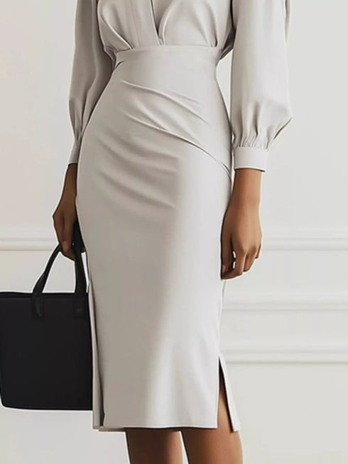 ruched-midi-shirt-dress-with-side-slit-OhSoStyled-Sophia's-Style-5