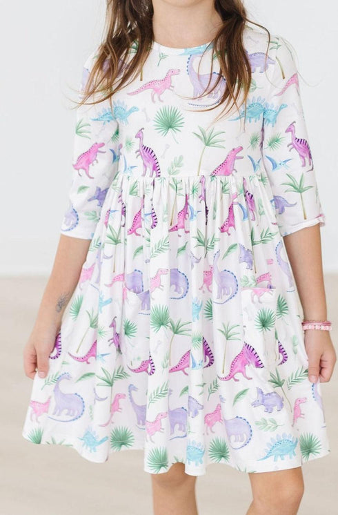 dino-darling-3-4-sleeve-pocket-twirl-dress Mila &  Rose - Sophia's Style-Dino Darling 3/4 Sleeve Pocket Twirl Dress-6-12M--1