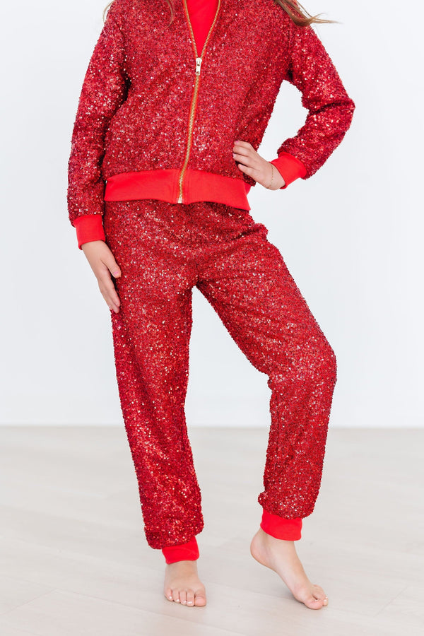 red-sequin-joggers Mila & Rose at Sophia's Style-Red Sequin Joggers-2T-Sequin Joggers-1