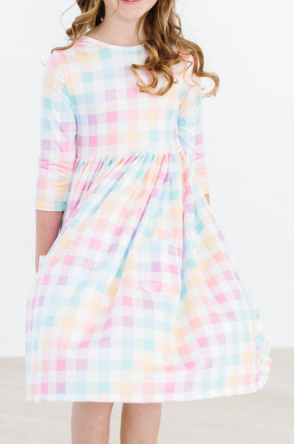 pastel-plaid-3-4-sleeve-pocket-twirl-dress Mila &  Rose - Sophia's Style-Pastel Plaid 3/4 Sleeve Pocket Twirl Dress-6-12M--1