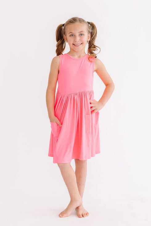 neon-pink-tank-pocket-twirl-dress Mila & Rose - Sophia's Style-Neon Pink Tank Pocket Twirl Dress-6-12M--1