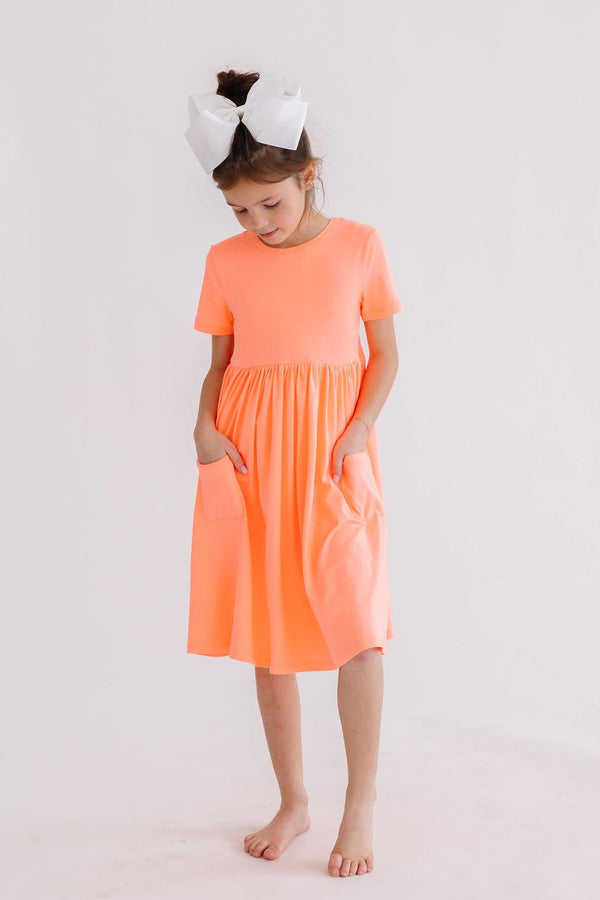 neon-coral-s-s-pocket-twirl-dress Mila & Rose at Sophia's Style-Neon Coral S/S Pocket Twirl Dress-6-12M-Twirl Pocket Dress S/S-1