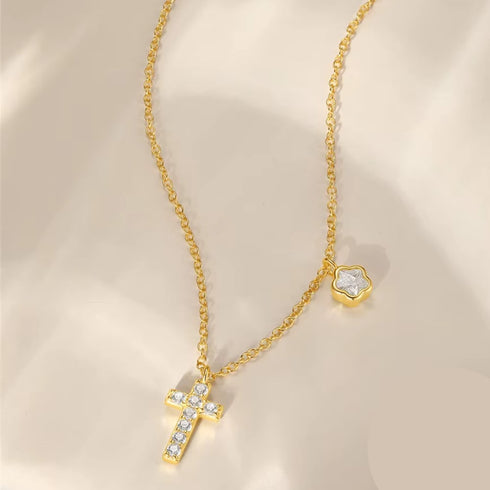 gold-plated-sterling-silver-cross-necklace-with-sparkling-cz-and-floral-charm-Sophia's Style-3