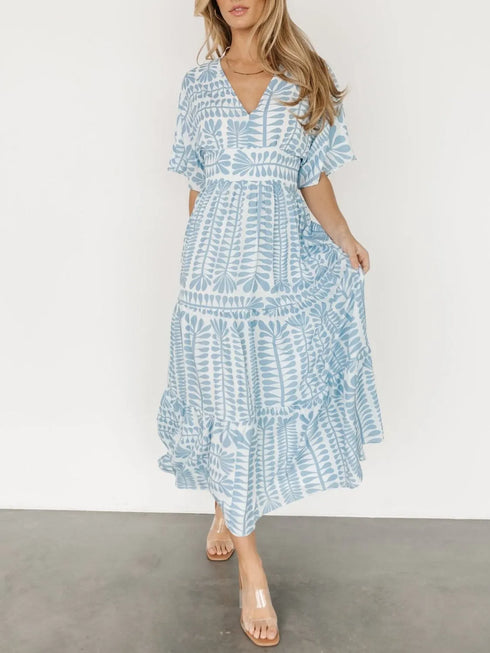 ruched-printed-v-neck-half-sleeve-midi-dress OhSoStyled - Sophia's Style in Light Blue-9