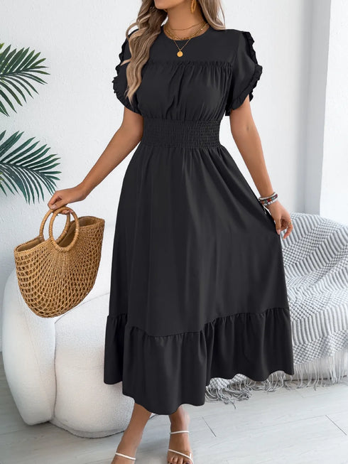 smocked-frill-round-neck-midi-dress OhSoStyled - Sophia's Style in Black-3