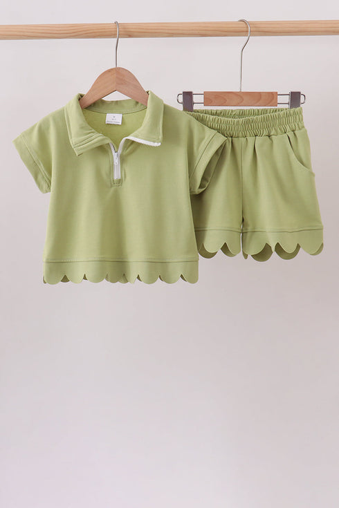 Sage scalloped zipper shorts set