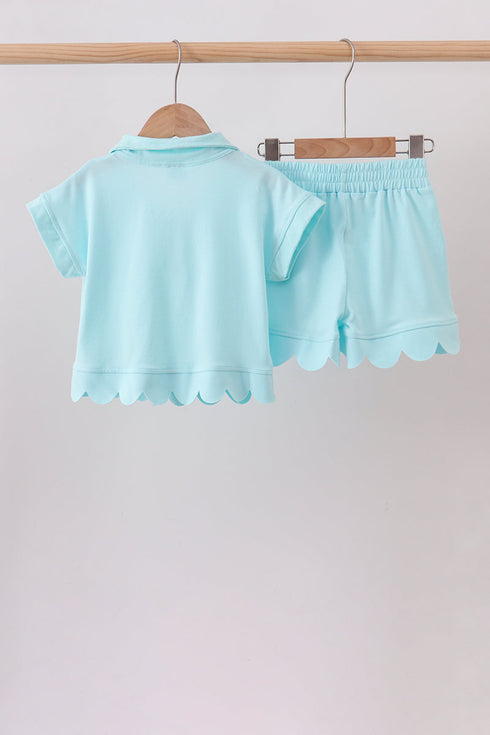 Light blue scalloped zipper shorts set
