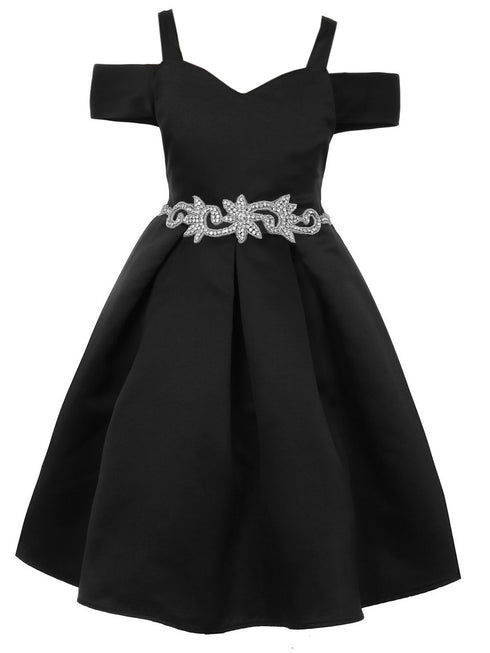Satin Flower Girl Dress with Cold Shoulder and Pleated Skirt, 2-14