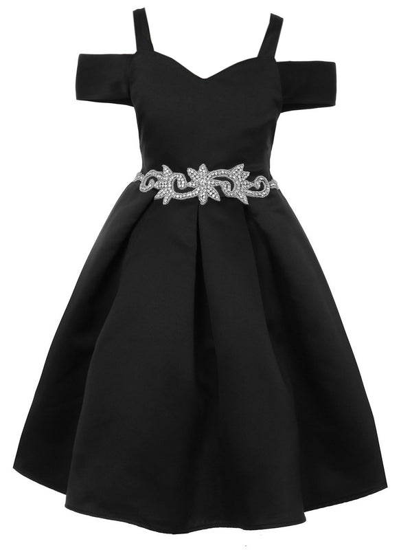 Satin Flower Girl Dress with Cold Shoulder and Pleated Skirt, 2-14