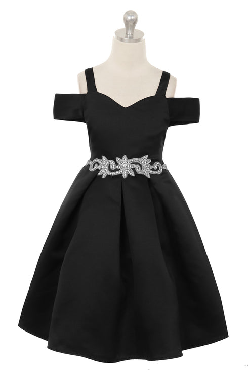 Satin Flower Girl Dress with Cold Shoulder and Pleated Skirt, Sizes 2-14