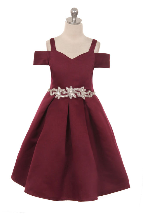 Satin Flower Girl Dress with Cold Shoulder and Pleated Skirt, Sizes 2-14