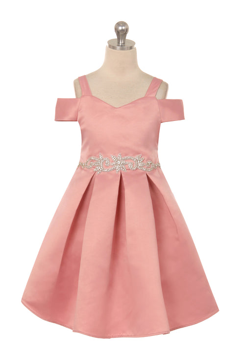 Satin Flower Girl Dress with Cold Shoulder and Pleated Skirt, Sizes 2-14