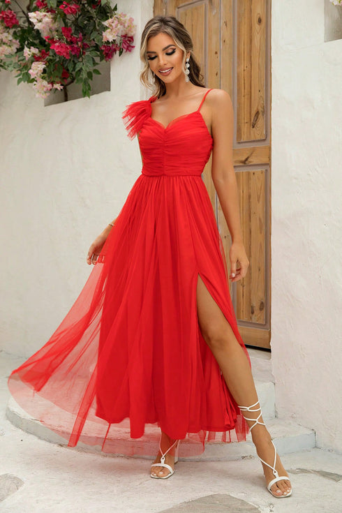 asymmetrical-ruched-slit-dress Sophia's Trends - Sophia's Style-Red-S