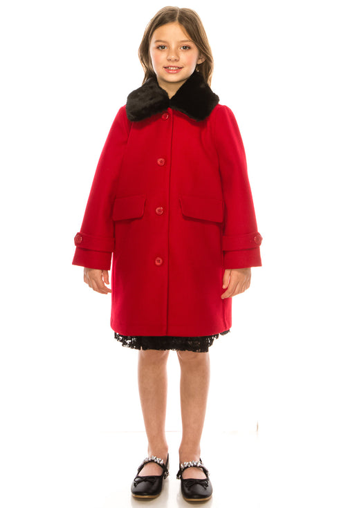 Girls Red Single Breasted Faux Fur Collar Winter Coat 2-16 - SophiasStyle.com