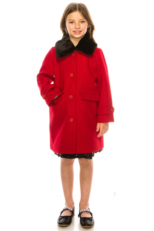 Girls Red Single Breasted Faux Fur Collar Winter Coat 2-16 - SophiasStyle.com
