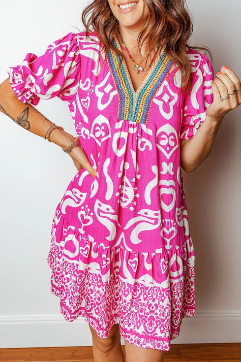 mixed-print-contrast-trim-v-neck-short-sleeve-flared-dress-OhSoStyled-Sophia's-Style-4