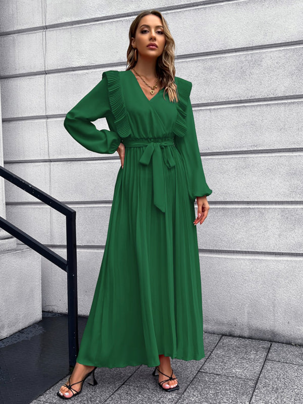 pleated-surplice-tie-waist-maxi-dress Sophia's Trends - Sophia's Style-Dark Green-S