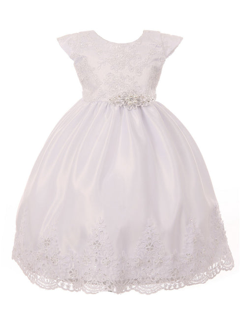 Rain Kids Little Girls White Hand Beaded Allover Lace Applique Baptism Dress 2-6 - SophiasStyle.com