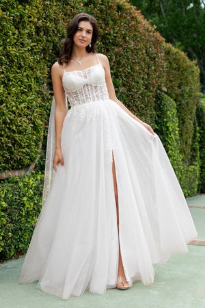Womens Elegant Ivory A-Line Wedding Dress with Corset Bodice and Slit – Bridal Gown with Tulle Skirt, Sizes S-4XL