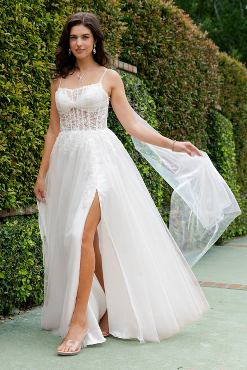 Womens Elegant Ivory A-Line Wedding Dress with Corset Bodice and Slit – Bridal Gown with Tulle Skirt, Sizes S-4XL