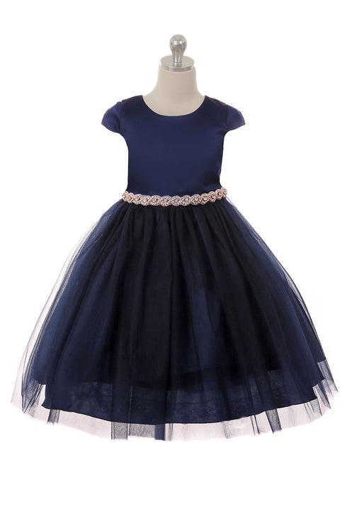 Little Girls Navy Satin Tulle Rhinestone Christmas Dress 2T-6