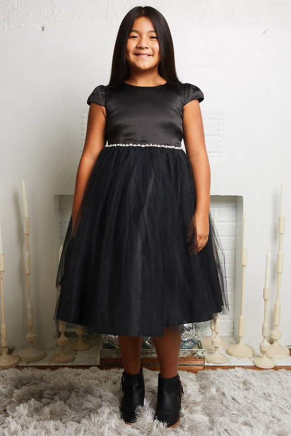 Girls Cap Sleeve Waistline Trim Satin Tulle Junior Bridesmaid Dress 2-14
