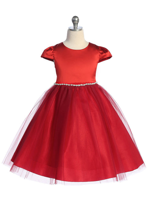 Girls Cap Sleeve Waistline Trim Satin Tulle Junior Bridesmaid Dress 2-14