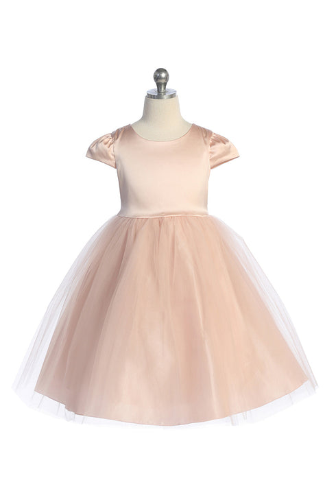 Girls Cap Sleeve Satin Tulle Junior Bridesmaid Dress 2-14