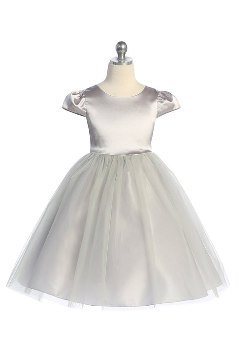 Girls Cap Sleeve Satin Tulle Junior Bridesmaid Dress 2-14