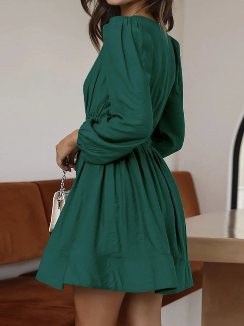 ruched-v-neck-balloon-sleeve-mini-dress OhSoStyled - Sophia's Style in Black-17