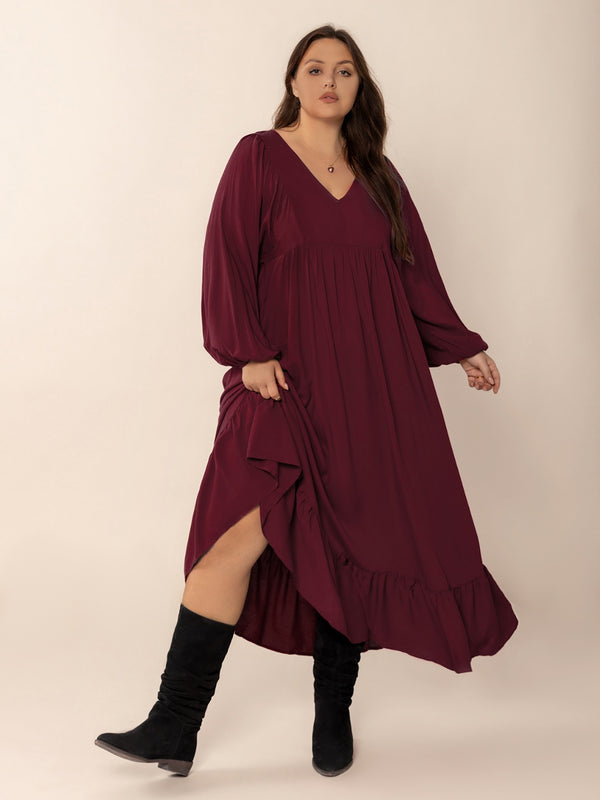 plus-size-ruffled-hem-v-neck-balloon-sleeve-dress OhSoStyled - Sophia's Style-1