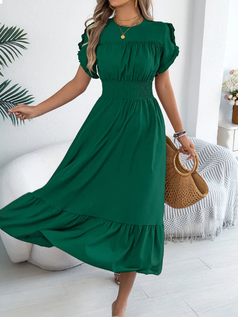 smocked-frill-round-neck-midi-dress OhSoStyled - Sophia's Style in Camel-12