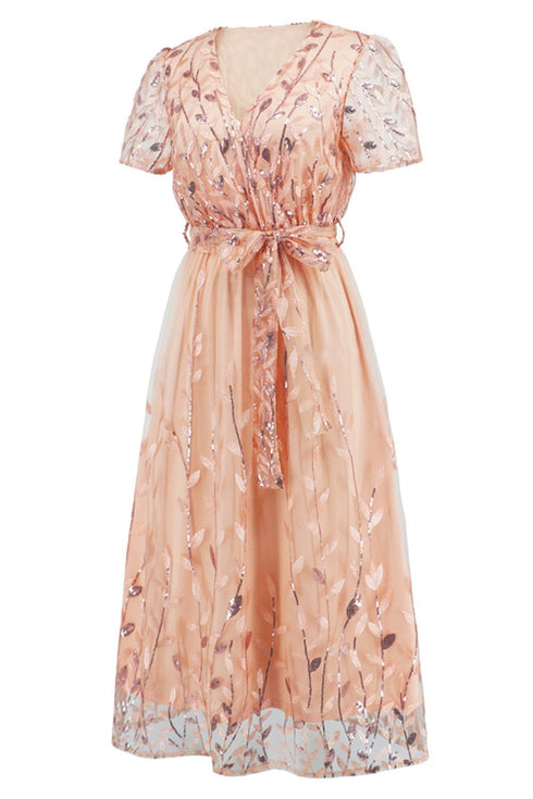 sequin-leaf-embroidery-tie-front-short-sleeve-dress Sophia's Trends - Sophia's Style--