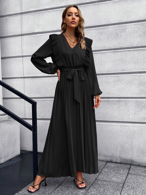 pleated-surplice-tie-waist-maxi-dress Sophia's Trends - Sophia's Style-Deep Red-M